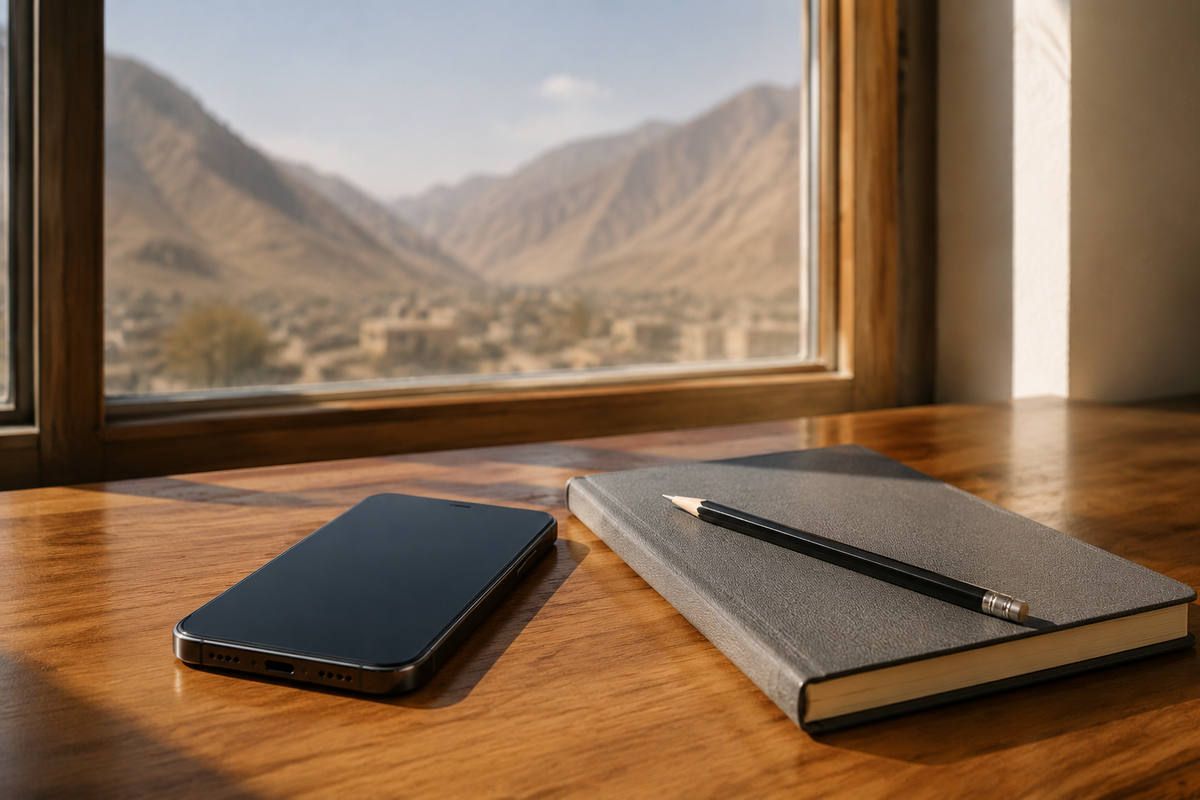 Unbranded phone and notebook beside a window for mobile data planning
