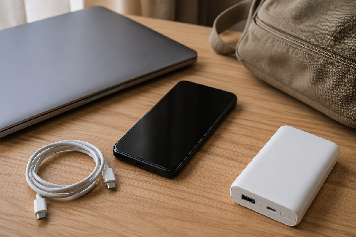 Phone, closed laptop, charging cable and power bank for offline preparation