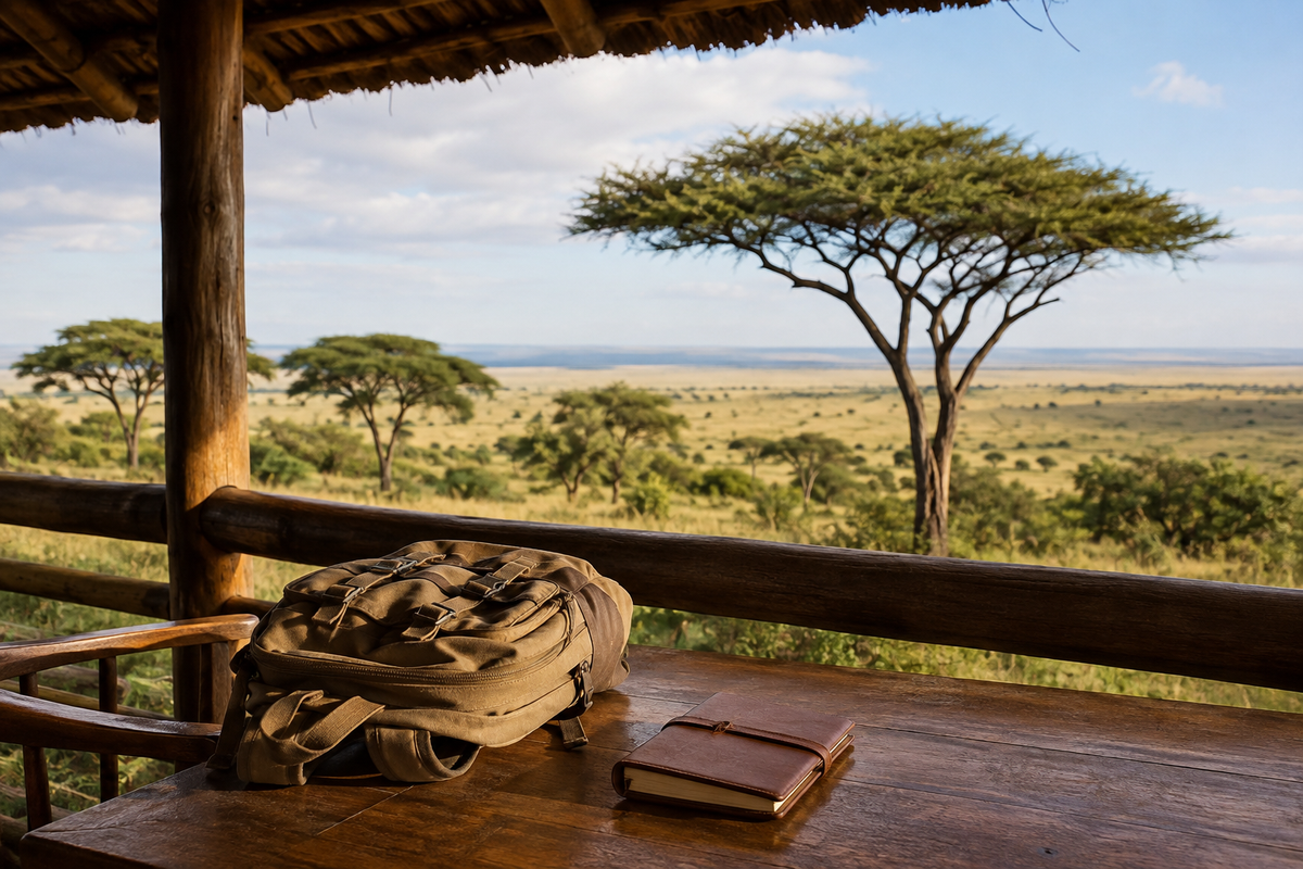 Lodge veranda overlooking a Kenyan savanna with a travel notebook