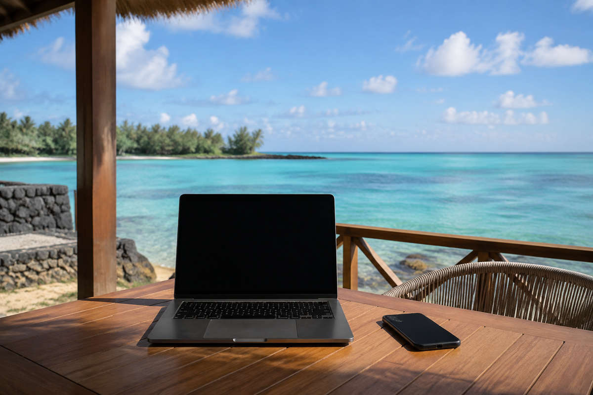 Laptop and smartphone on a Mauritius seaside terrace