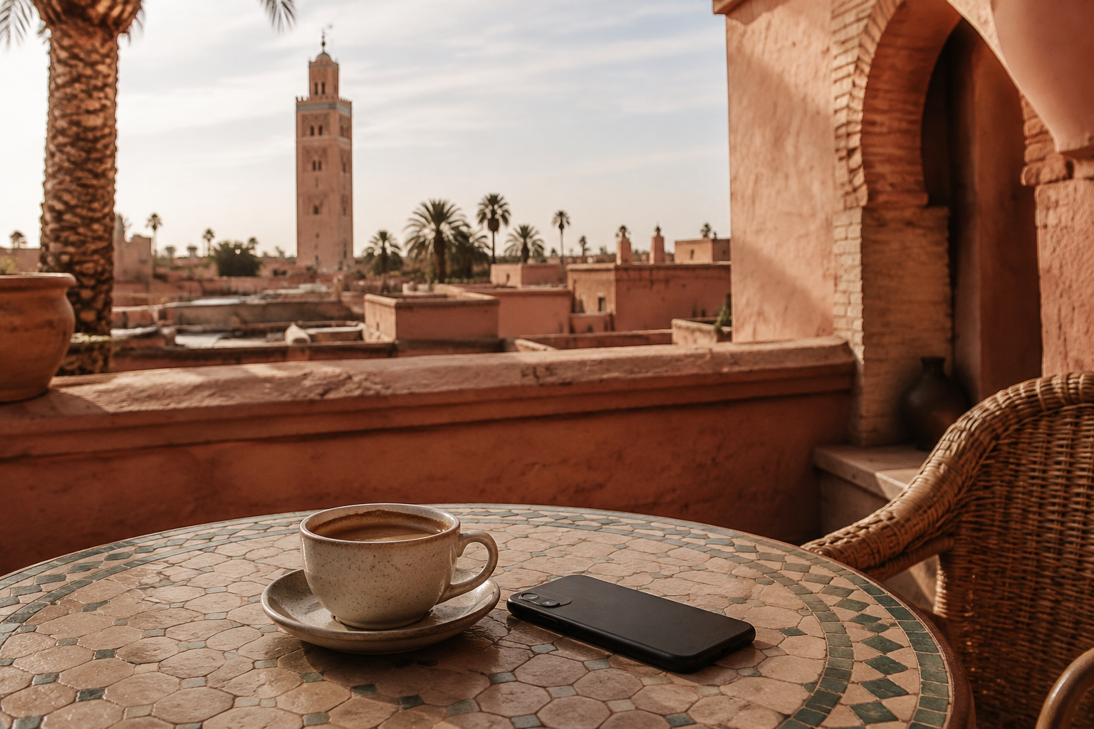 Smartphone and coffee on a terrace overlooking Marrakech