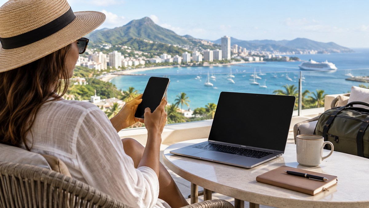 Traveler using a phone and laptop overlooking a Caribbean bay for the eSIM hotspot guide