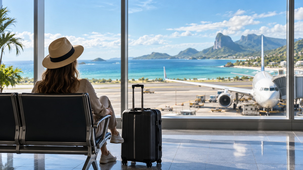 Traveler at a tropical airport for the Americas and Caribbean eSIM trip length guide