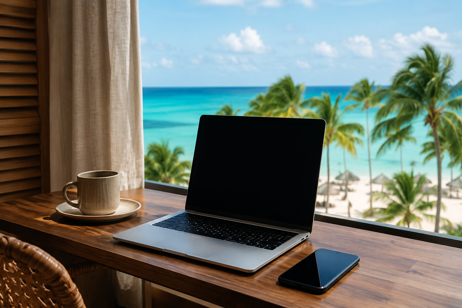 Laptop and smartphone in an Aruba hotel room overlooking the beach