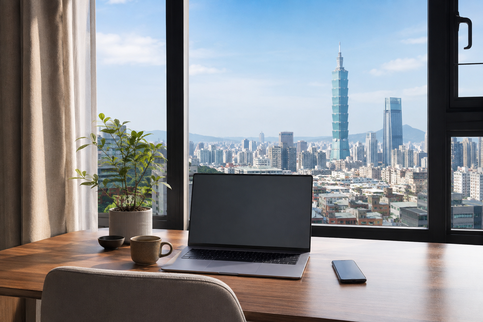 Laptop and smartphone on a Taipei desk with Taipei 101 outside