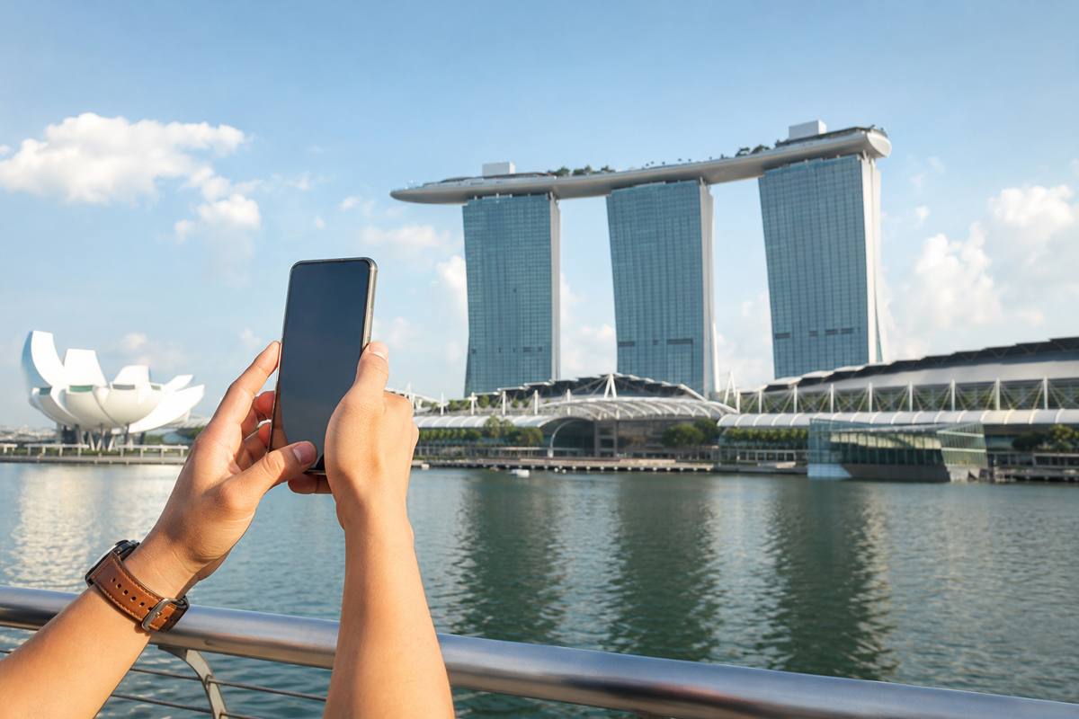 Smartphone held in front of Singapore Marina Bay skyline