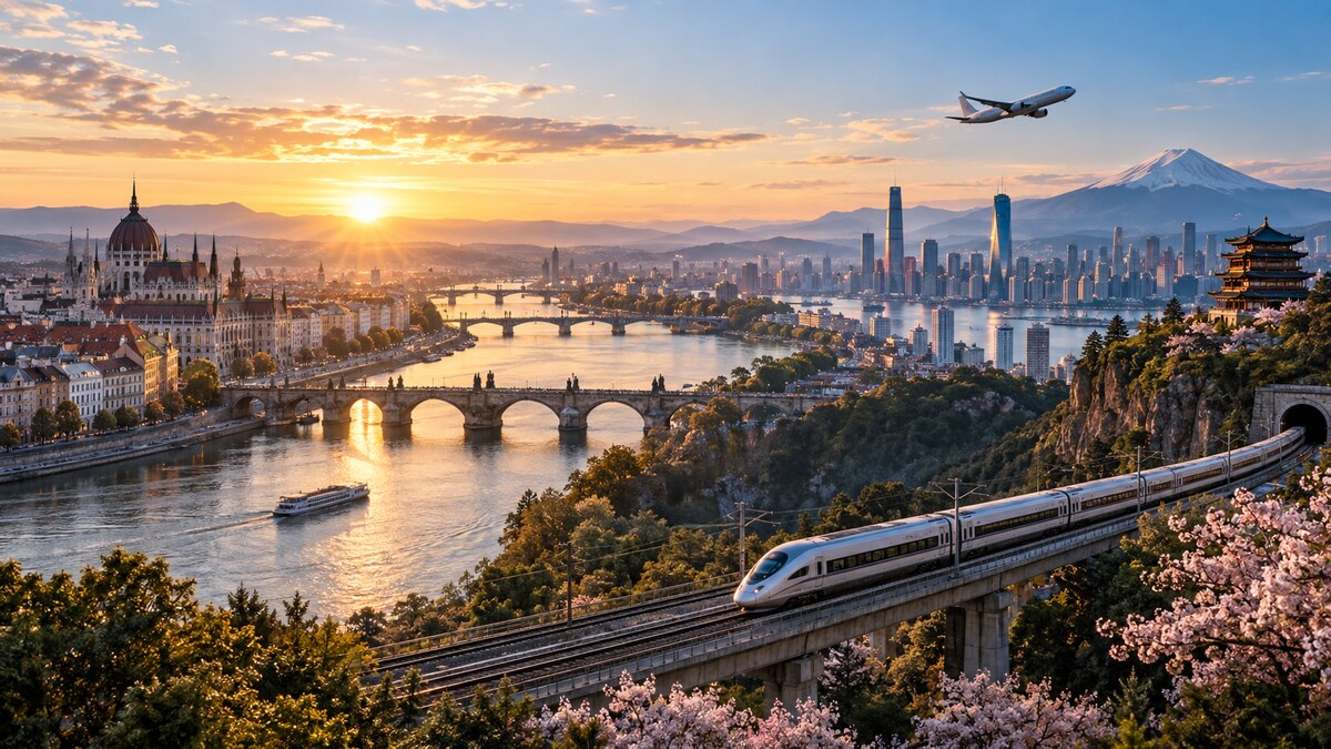 European and Asian cityscapes connected by rail and air travel
