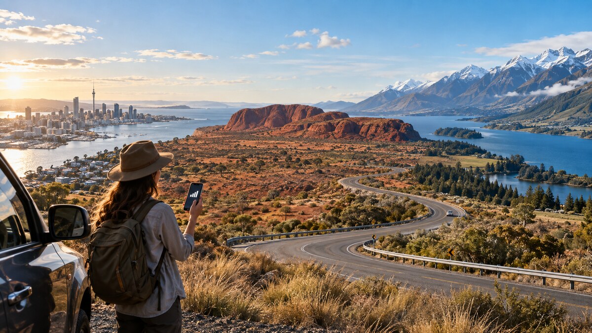 Traveler checking mobile coverage across cities, outback and New Zealand mountains