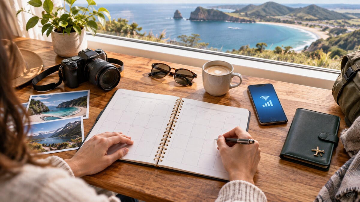 Travel planner, smartphone and Oceania scenery for choosing an eSIM duration