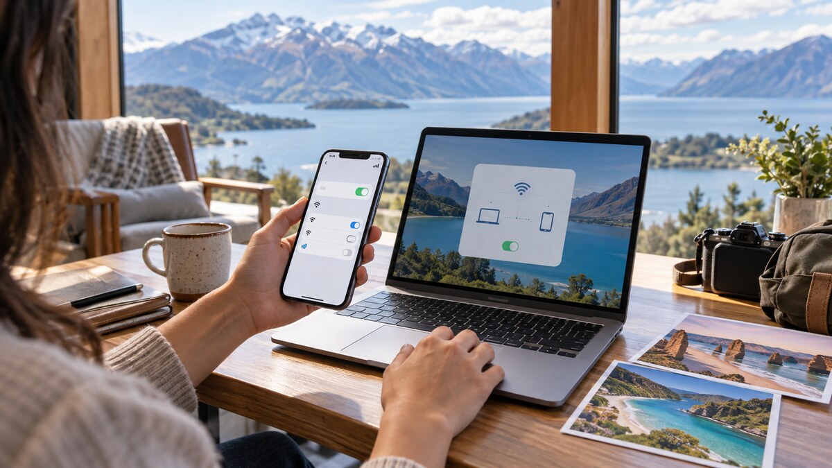 Smartphone eSIM settings and laptop hotspot in a New Zealand travel lodge