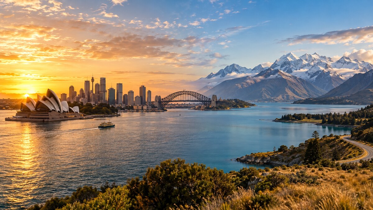 Sydney Harbour and New Zealand alpine scenery representing a two-country eSIM trip