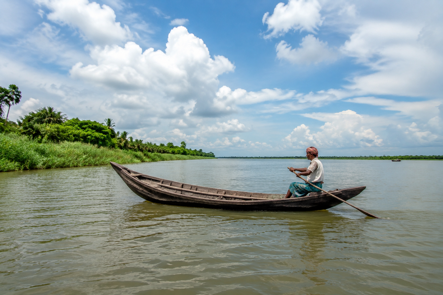 Traditional wooden boat on a river bordered by green countryside in Bangladesh