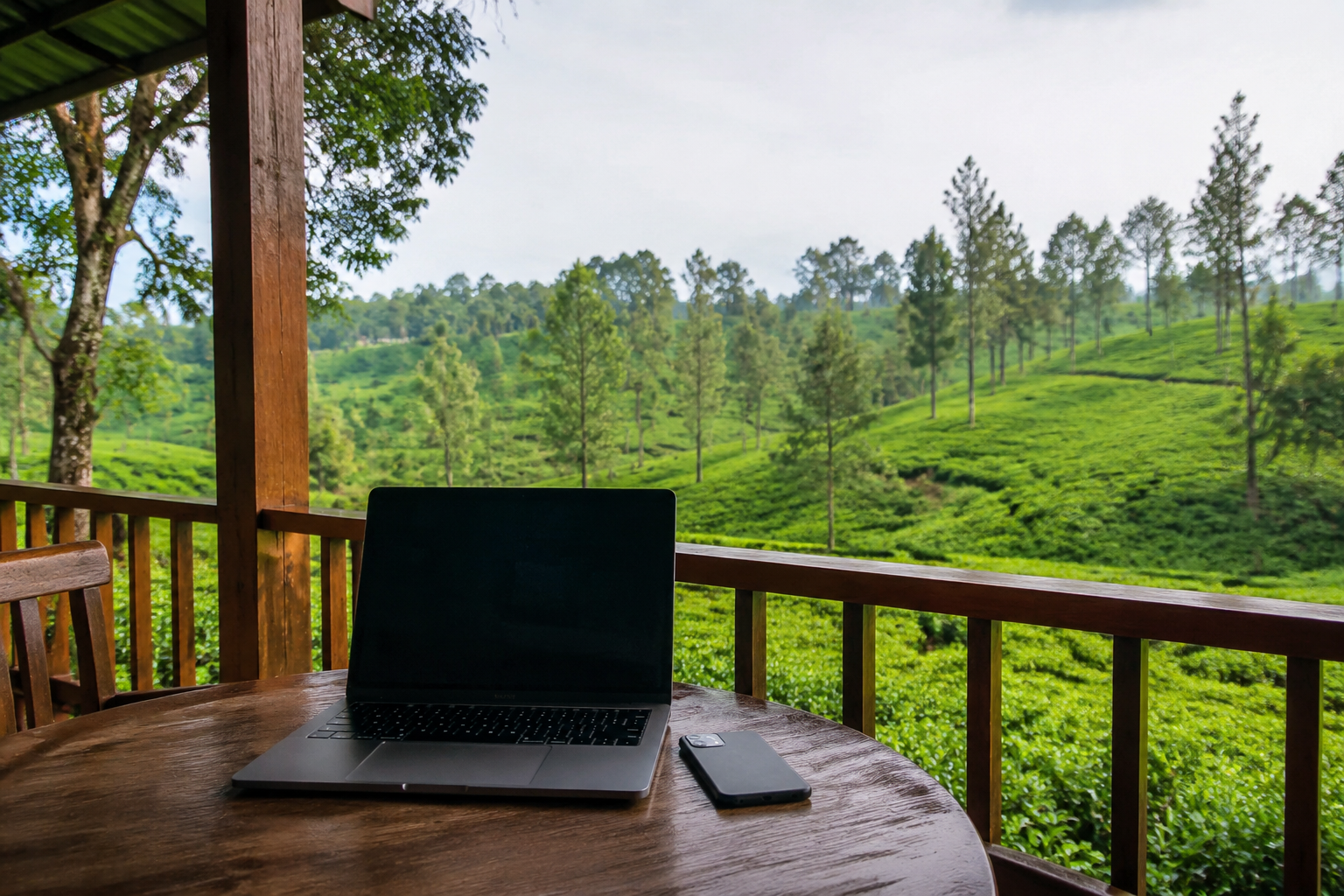 Laptop and smartphone on a veranda overlooking Bangladesh tea gardens