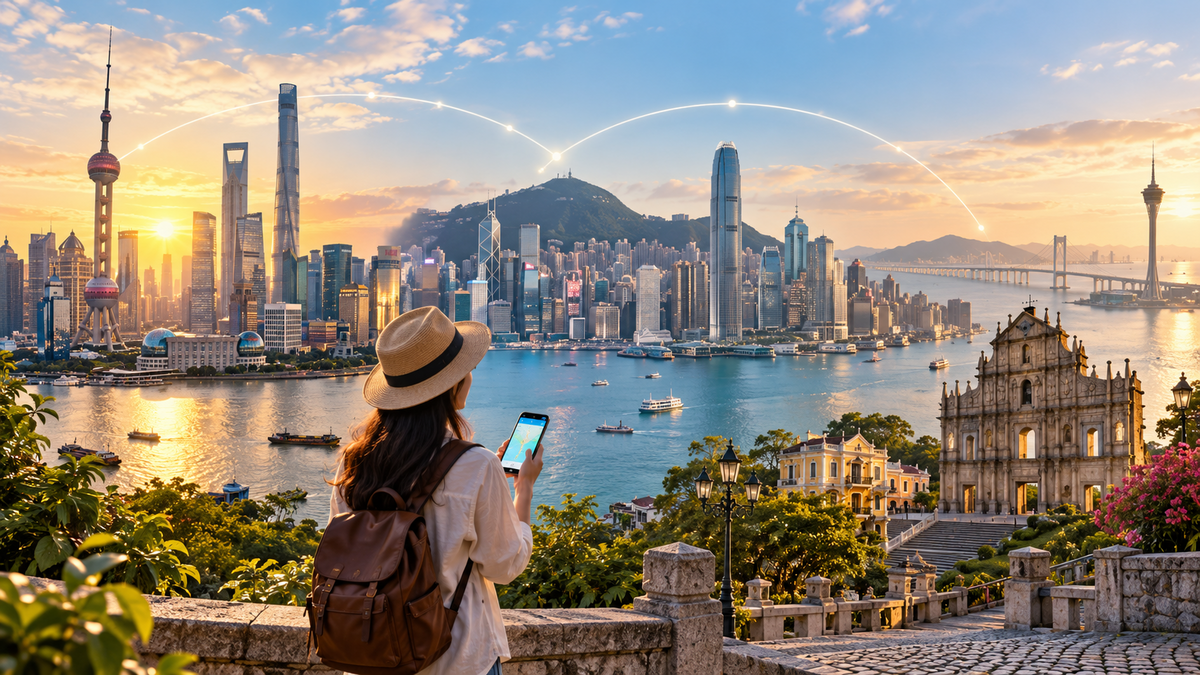 Traveler using a smartphone across China, Hong Kong and Macau skylines