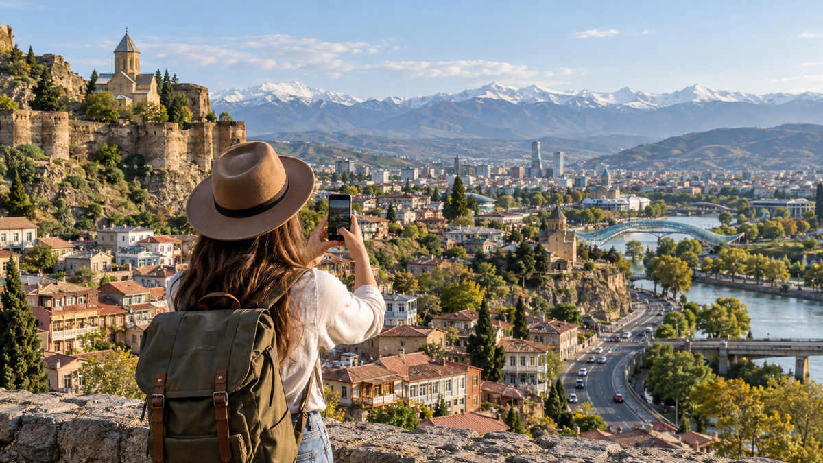 Traveler overlooking Tbilisi and the Caucasus Mountains for the EasyTripGo Caucasus eSIM guide