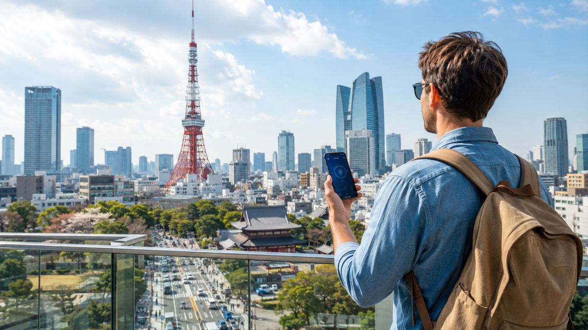 Traveler using a Japan eSIM with the Tokyo skyline and Tokyo Tower