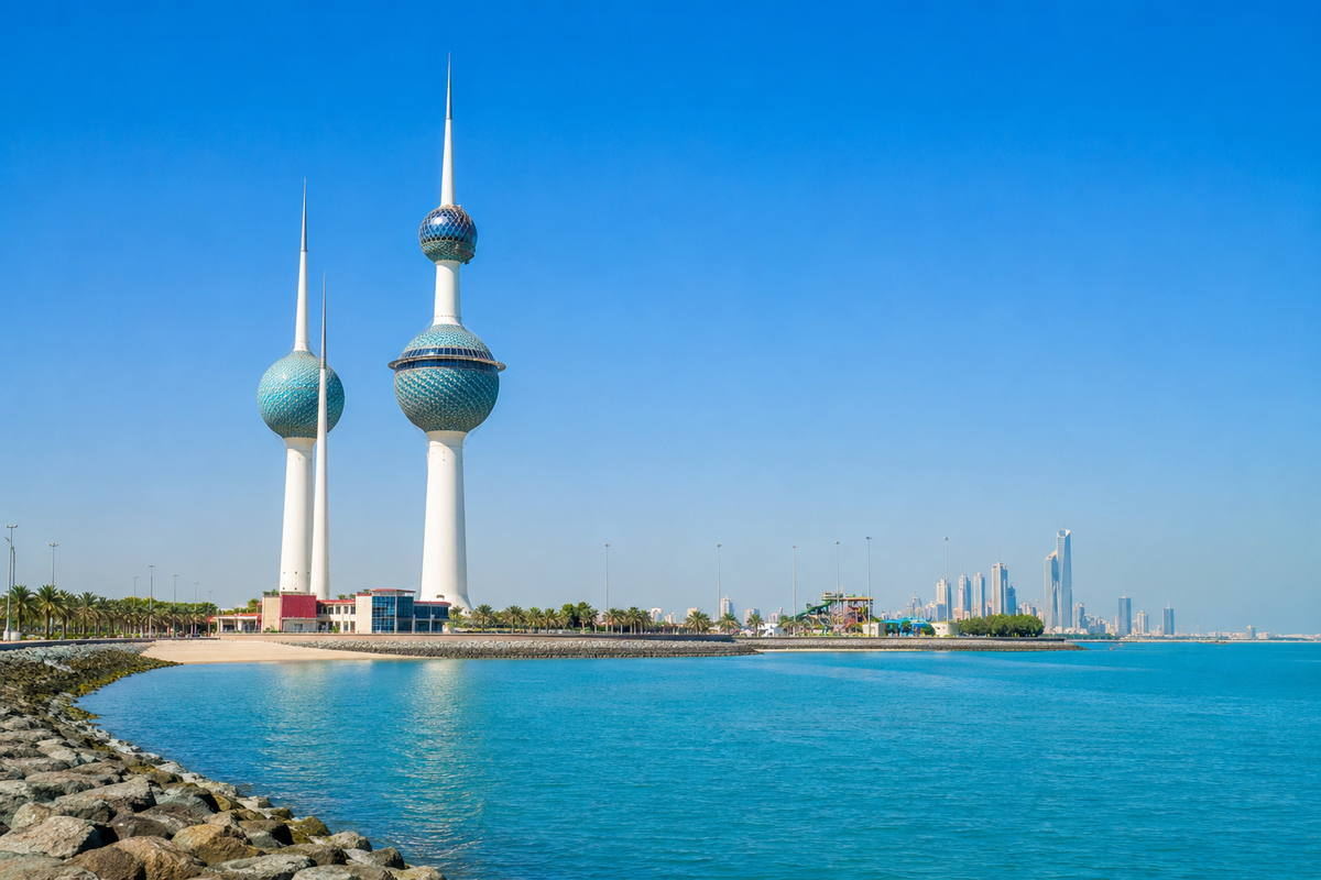 Kuwait Towers beside the waterfront under a clear blue sky