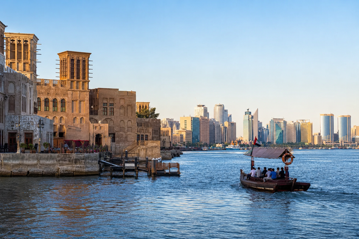 Traditional waterfront buildings and an abra boat on Dubai Creek