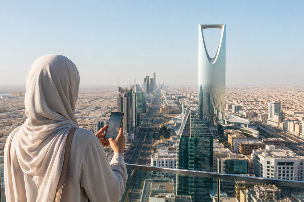 Traveler using a smartphone overlooking the Riyadh skyline
