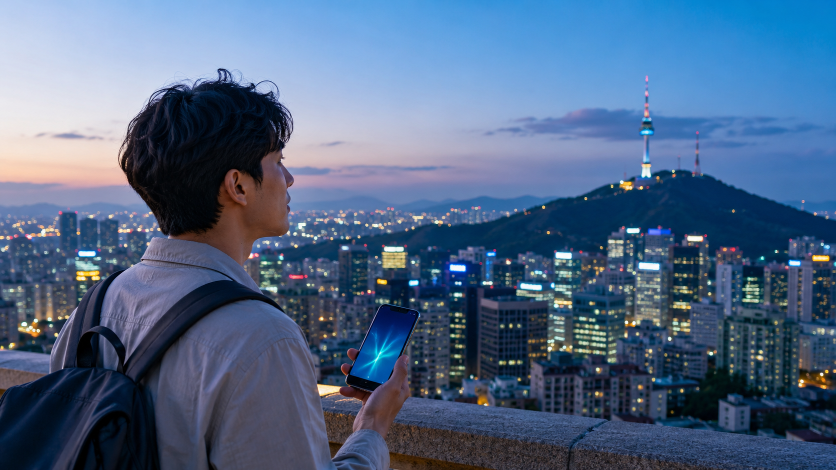 Traveler using an eSIM overlooking Seoul