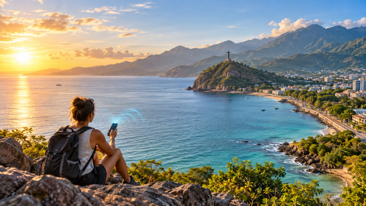 Traveler using mobile data above Dili Bay in Timor-Leste