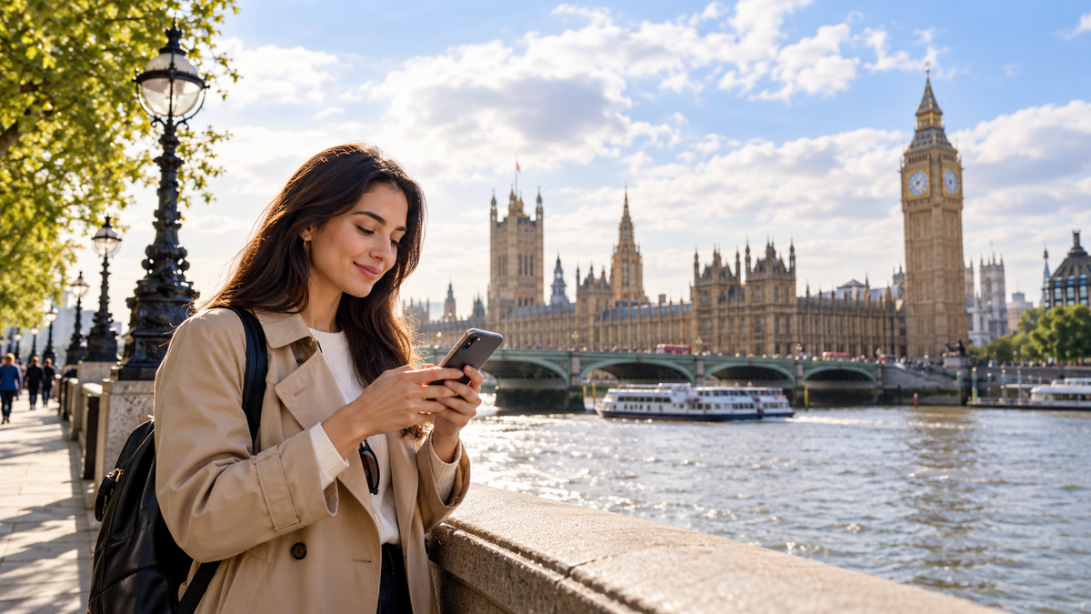 Traveler using a smartphone beside Westminster in London