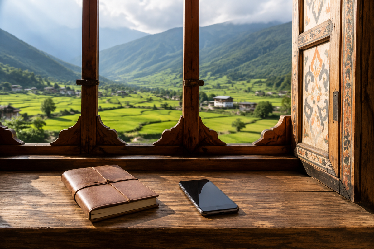 Phone and travel notebook beside a Bhutan-inspired carved wooden window