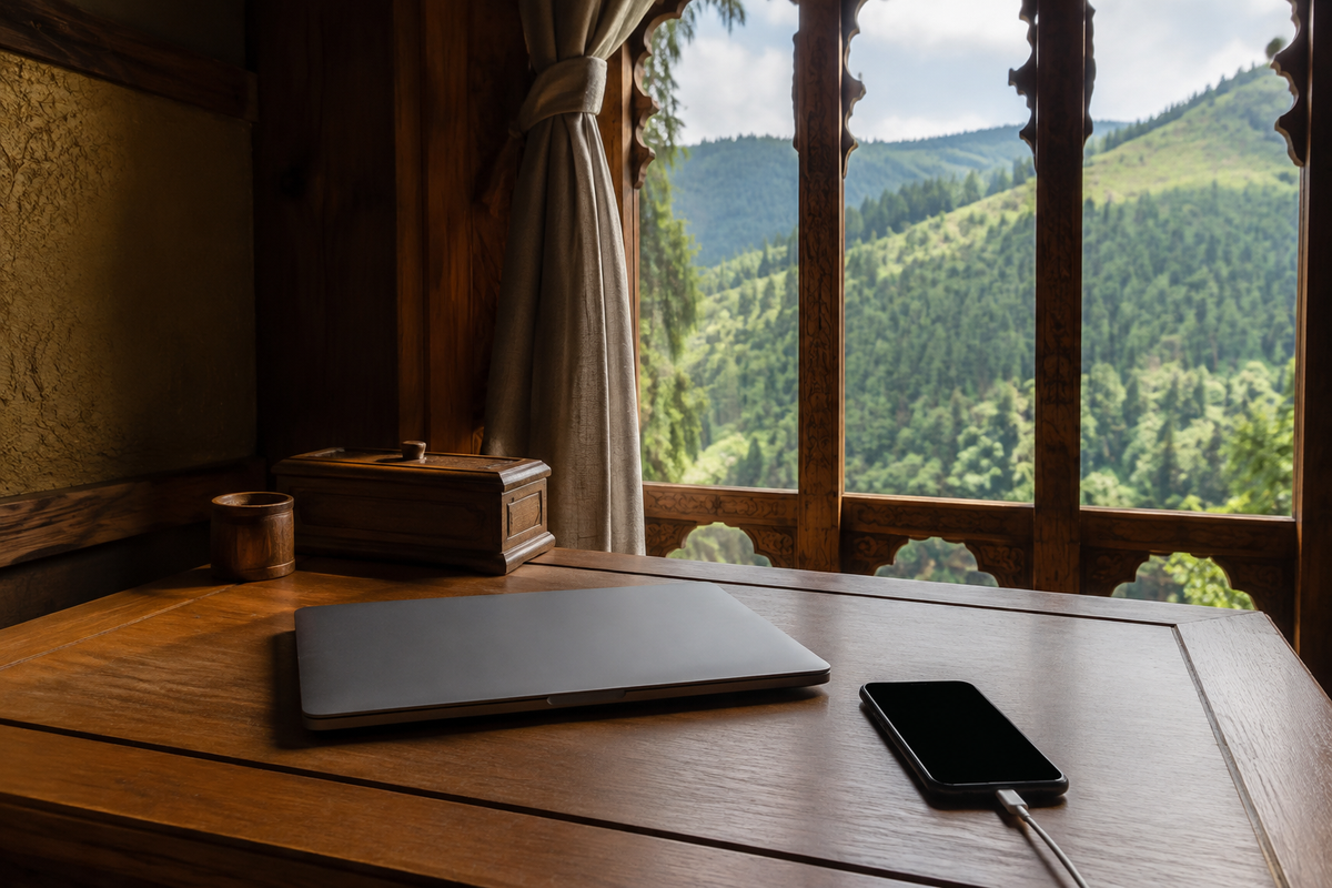 Phone charging beside a laptop in a Bhutan-inspired lodge