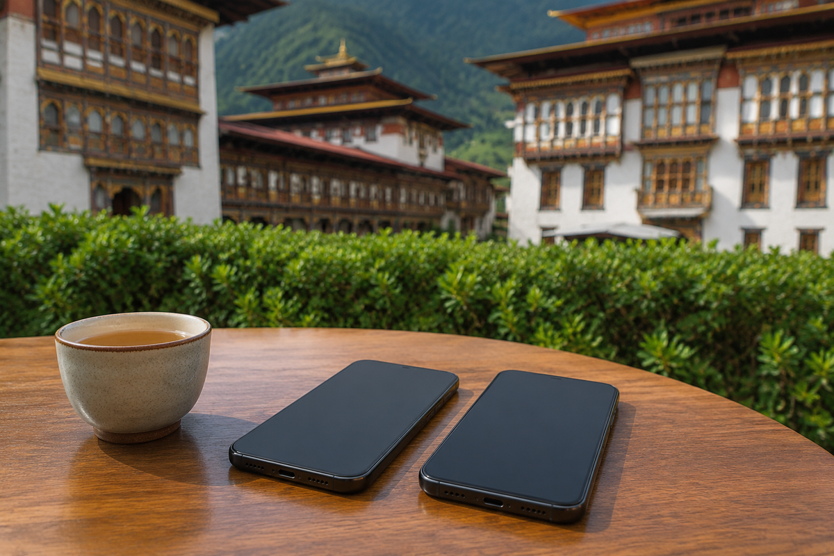 Two phones and tea with traditional Bhutanese-style architecture behind