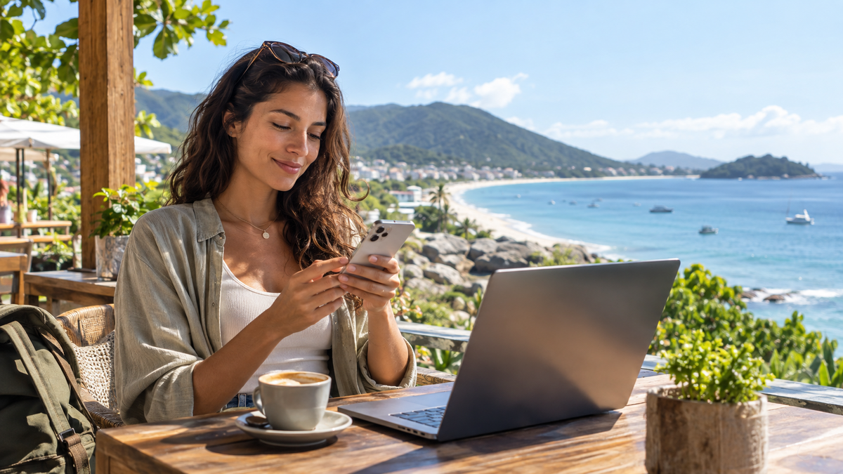 Traveler using a phone and laptop on the Brazilian coast for the setup guide