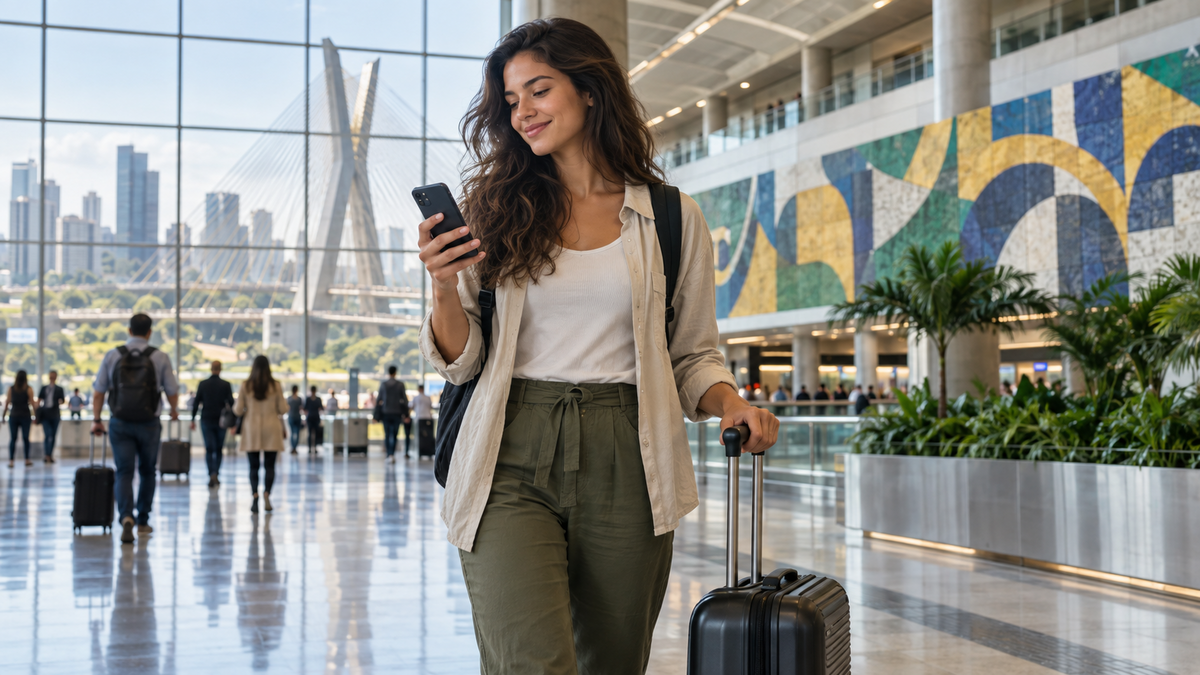 Traveler arriving in São Paulo for the Brazil eSIM comparison guide