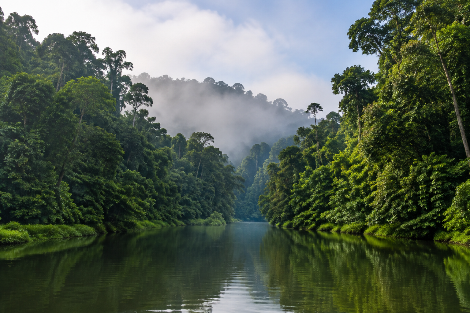 AI-generated Temburong-inspired rainforest river in morning mist
