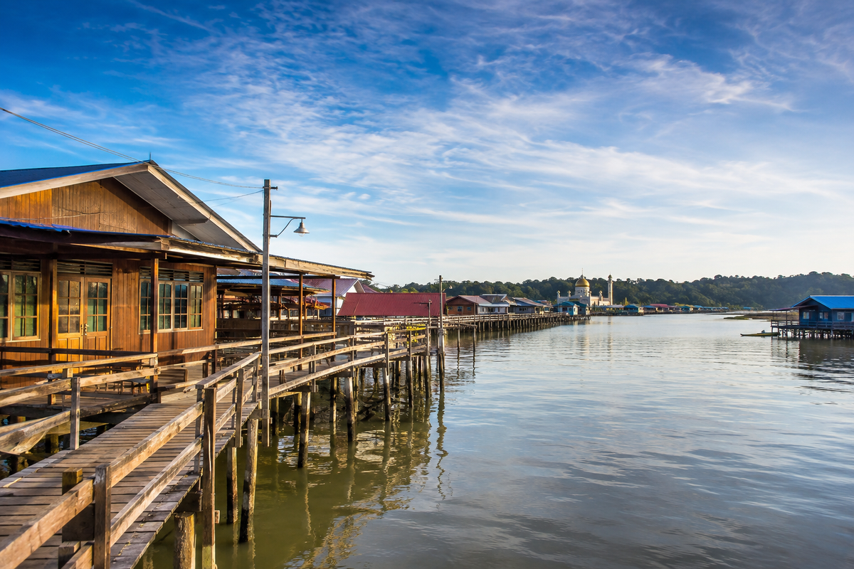 AI-generated Kampong Ayer-inspired stilt houses and river boardwalk