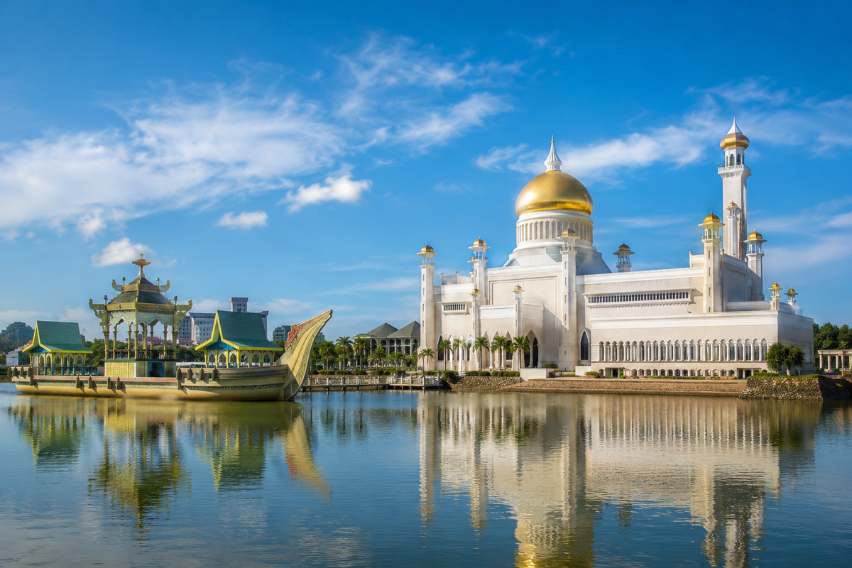 AI-generated Brunei-inspired gold-domed mosque reflected in a lagoon