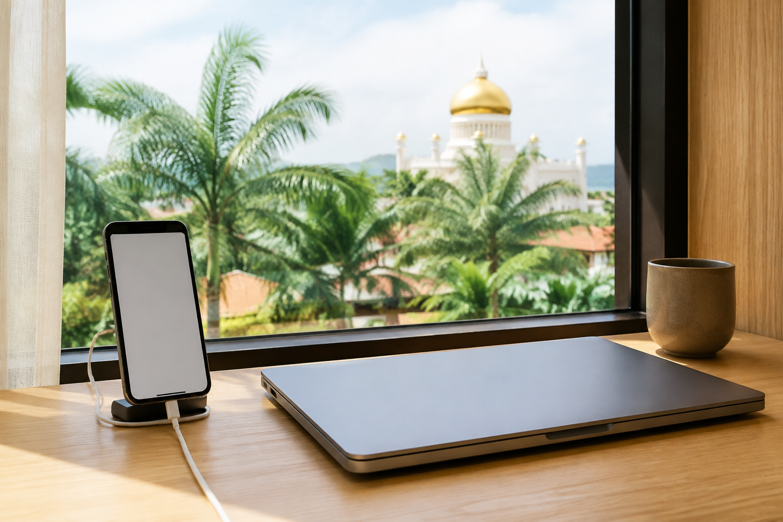 Phone and laptop on a desk overlooking tropical greenery