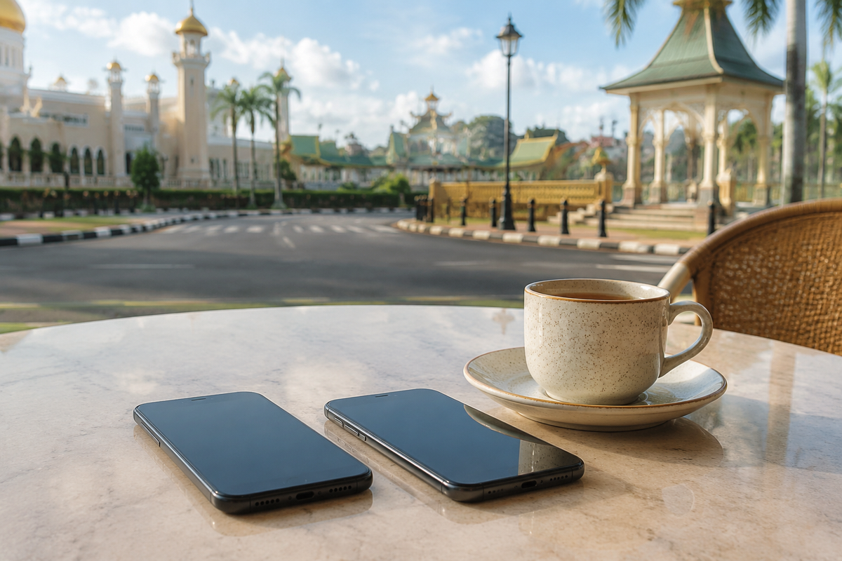 Two unbranded phones and tea in a Brunei-inspired cafe setting