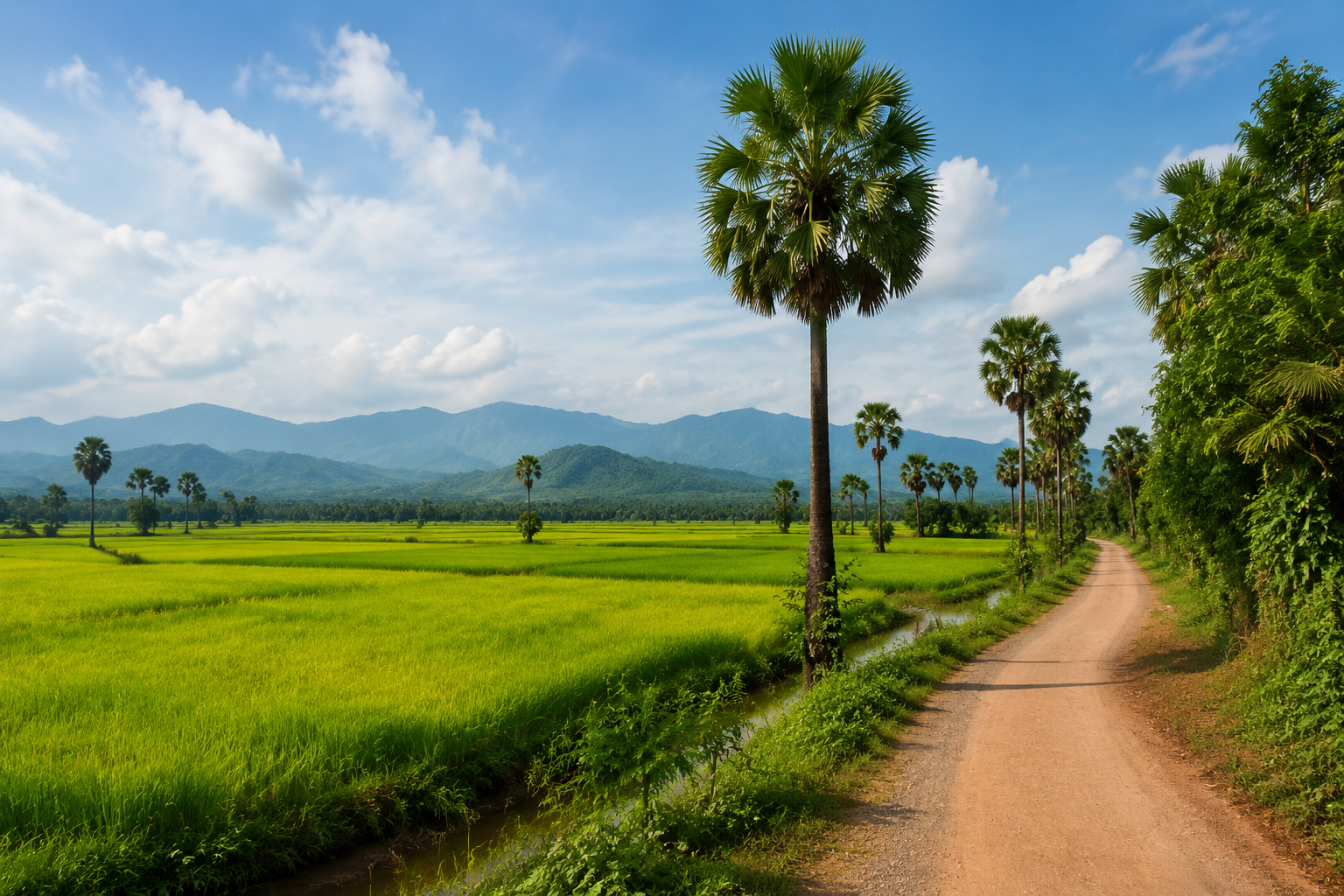 Illustrative Cambodian countryside with rice fields, palms and a rural road