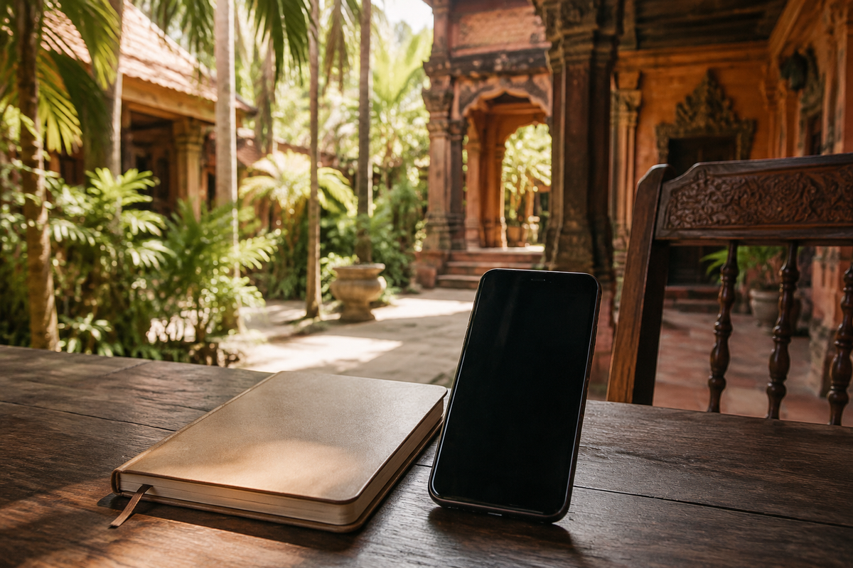 Phone and notebook on a wooden table in a Cambodian-style courtyard