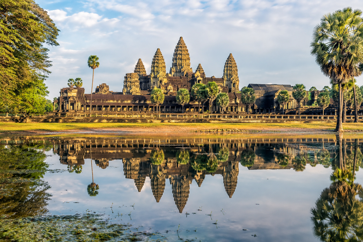 Illustration of Angkor-inspired temple towers reflected in water