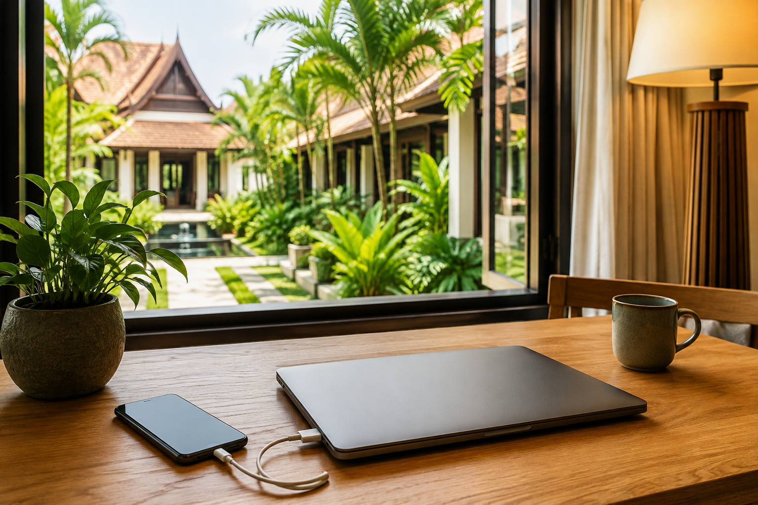 Unbranded phone charging beside a closed laptop in a Cambodian-style hotel