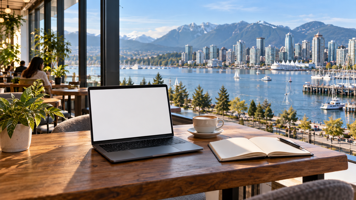 Laptop overlooking Vancouver harbor for the Canada eSIM hotspot guide