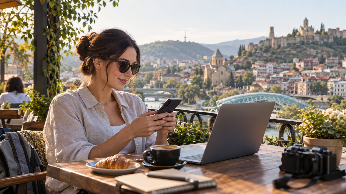 Traveler using a phone and laptop in Tbilisi for the Caucasus eSIM setup guide