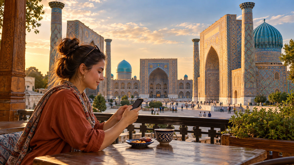 Traveler choosing a Central Asia eSIM data plan in Samarkand