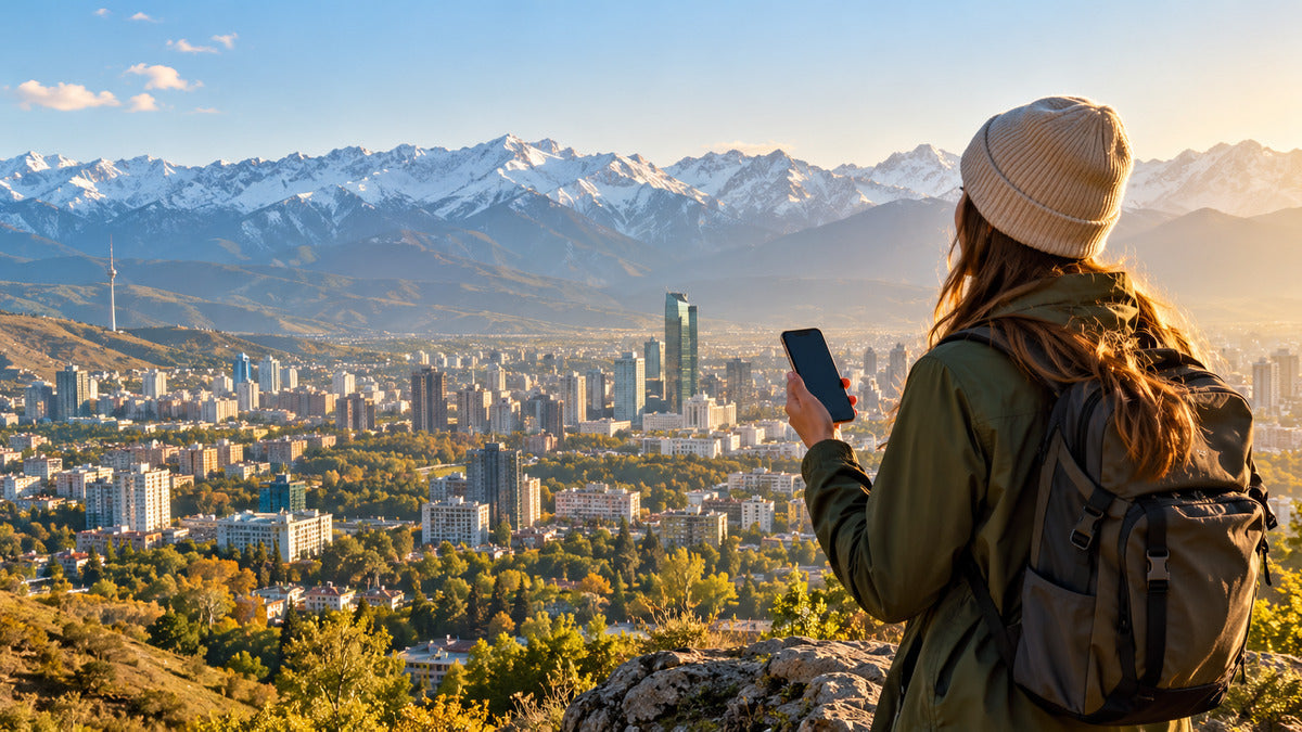 Traveler using a Central Asia eSIM overlooking Almaty and the Tian Shan
