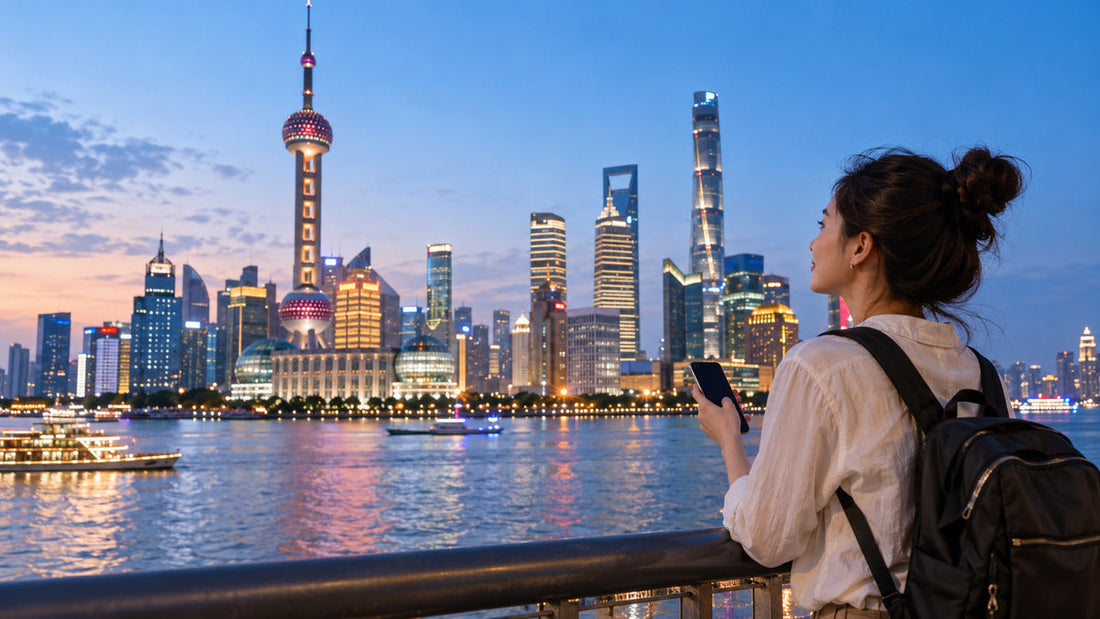 Traveler using China eSIM with Shanghai skyline