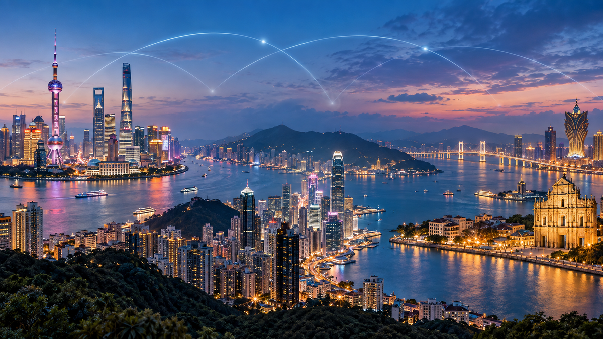Connected skyline panorama representing eSIM coverage across China Hong Kong and Macau