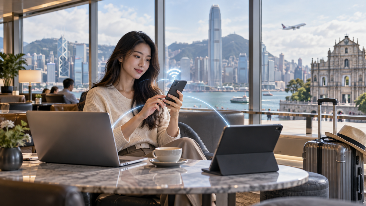 Traveler setting up an eSIM and sharing a hotspot with multiple devices