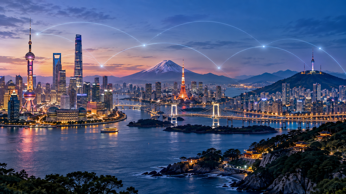 Connected city panorama representing eSIM coverage across China Japan and South Korea
