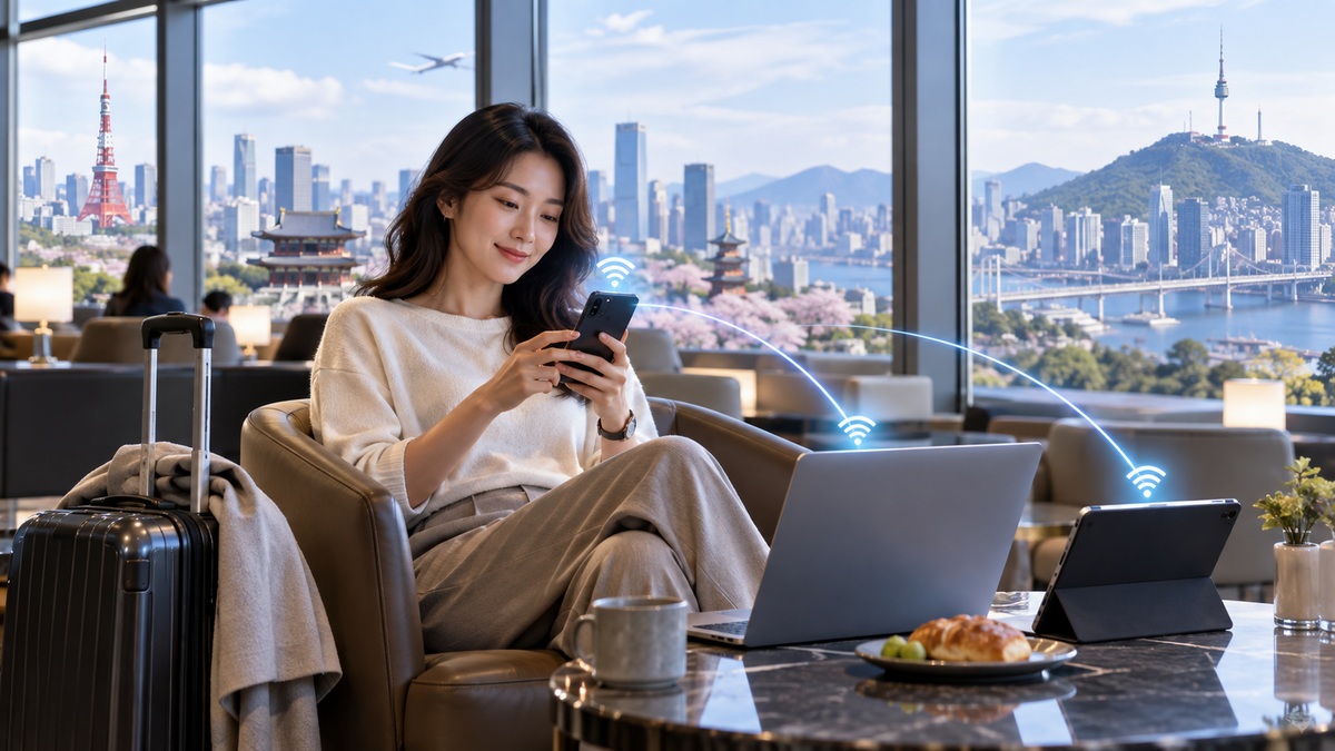 Traveler setting up an eSIM and sharing data with multiple devices