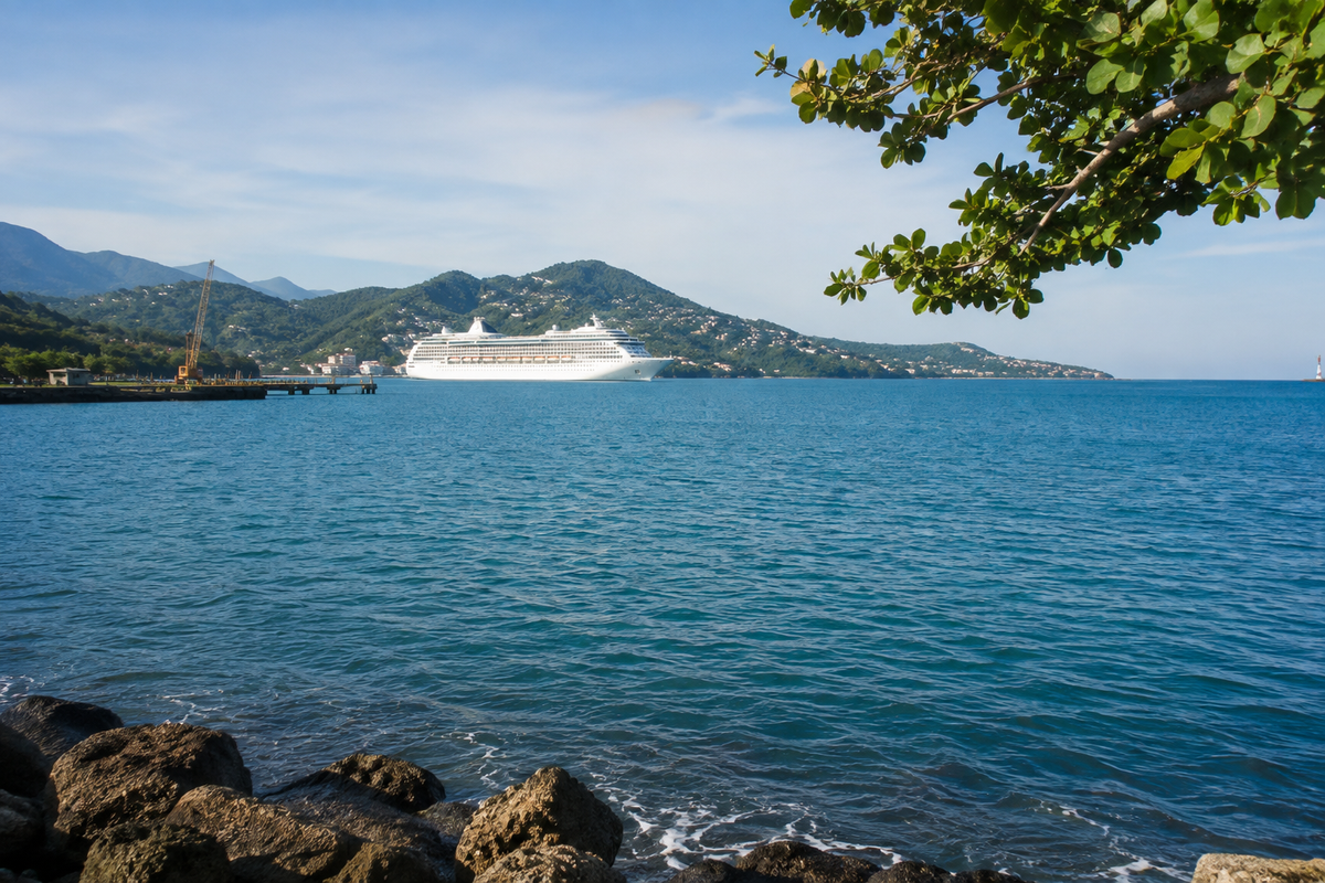 Illustrative Dominican north-coast harbor with a distant unbranded cruise ship